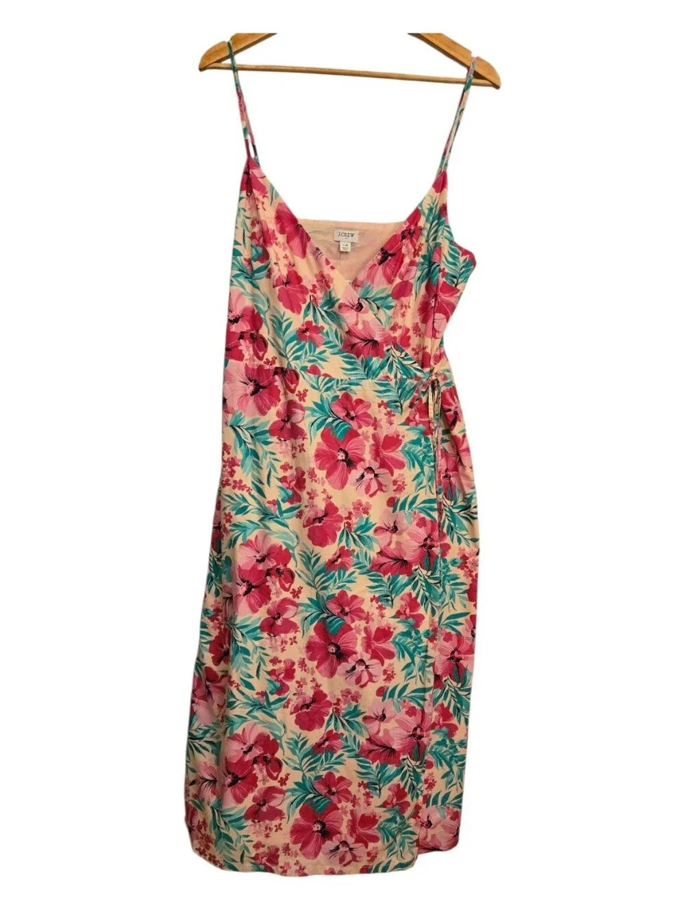 J. Crew Pink Floral Midi Wrap Dress Green Leaves Tropical Classic Size 14 NWT